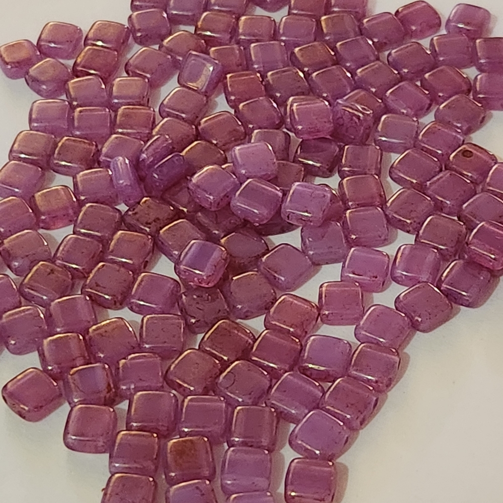 Czech glass square Tile beads 6mm pink topaz milky alexandrite 150 beads - Picture 5 of 6
